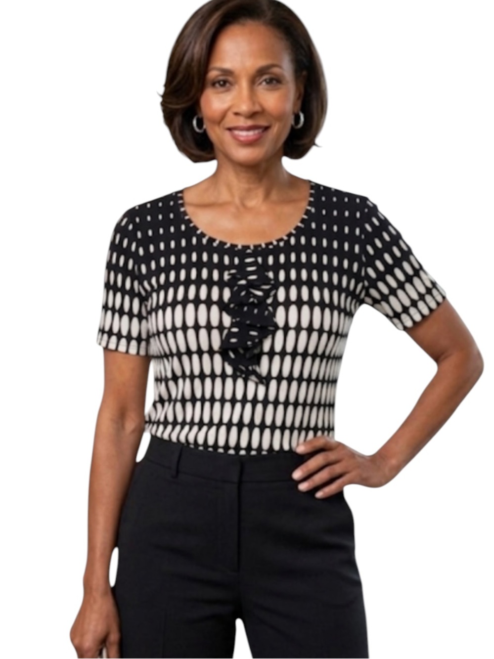 St. John Yellow Label Black White Geometric Ruffle SS Top L Rayon Spandex